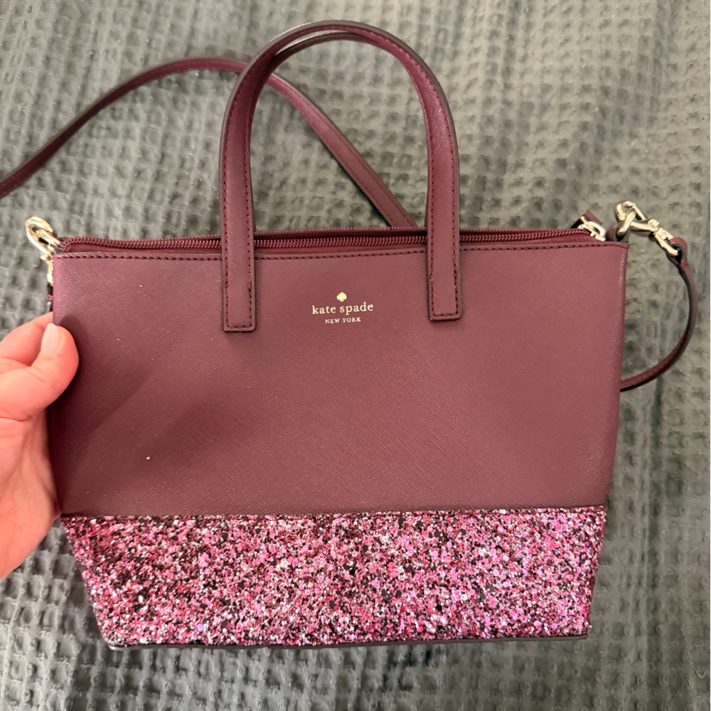 kate spade plum satchel with pink glitter trim